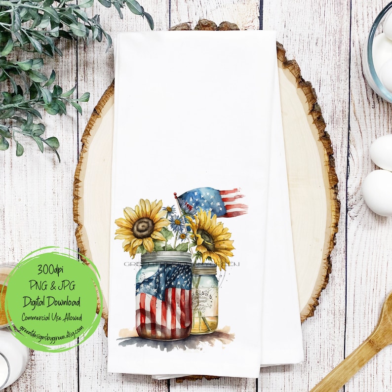 May include: Two mason jars with sunflowers and a small American flag. The jars are decorated with an American flag design.