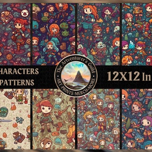 Könnte beinhalten: Zwölf nahtlose Musterdesigns im Format 12x12 Zoll mit niedlichen RPG-Charakteren. Die Muster sind farbenfroh und beinhalten eine Vielzahl von Charakteren, darunter Krieger, Magier und Schurken. Die Muster sind perfekt, um einzigartige und lustige Projekte zu erstellen.