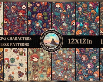 RPG Character Digital Patterns 12er Pack - Nahtlose RPG-Designs für Gaming-Zubehör, Bekleidung und Wohndekor!
