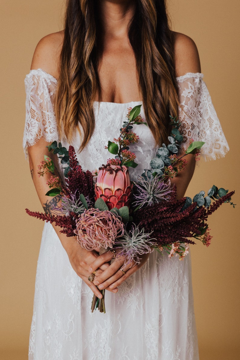 Ageratum Houstonianum and Amaranthus Wedding bouquet Beautiful Silk Eucalyptus Faux Emperor Wild /& Bohemian