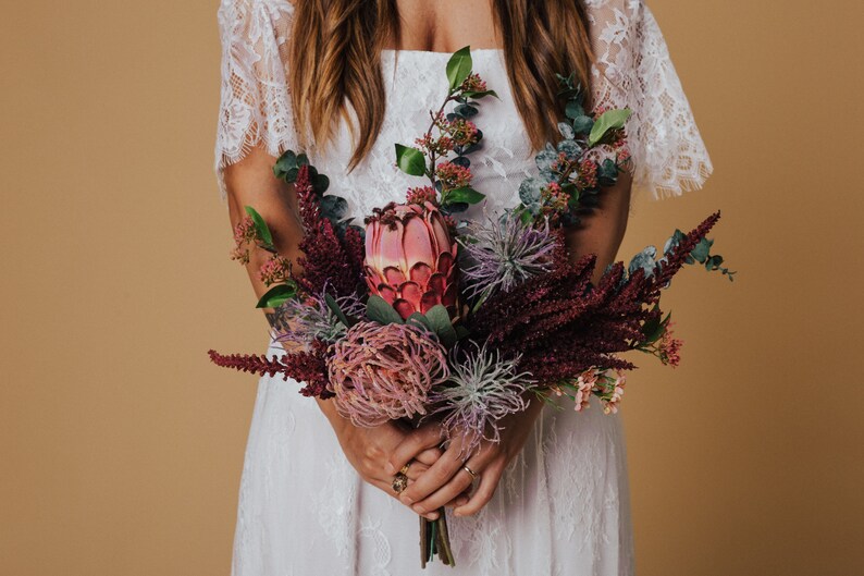 Ageratum Houstonianum and Amaranthus Wedding bouquet Beautiful Silk Eucalyptus Faux Emperor Wild /& Bohemian