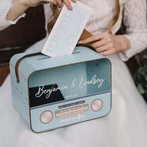 Porte-cartes radio rétro avec fente et bracelet en cuir, décoration de mariage bleue, tirelire de mariage vintage, cadeau de mariage personnalisé pour couple