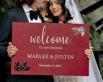 Personalized Wedding Welcome Sign: Wooden Plaque with Stand, Burgundy & Gold