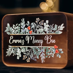 Caja de dinero de Navidad, regalo personalizado para hermana, caja de colección de dinero, decoración de adornos navideños, caja de tarjetas de madera
