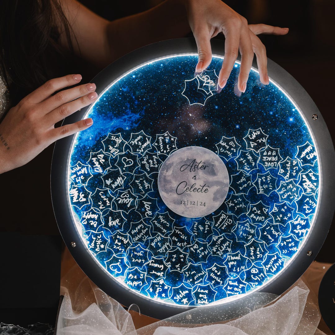 Celestial Wedding Guest Book Alternative with LED: Moon & Stars Decor