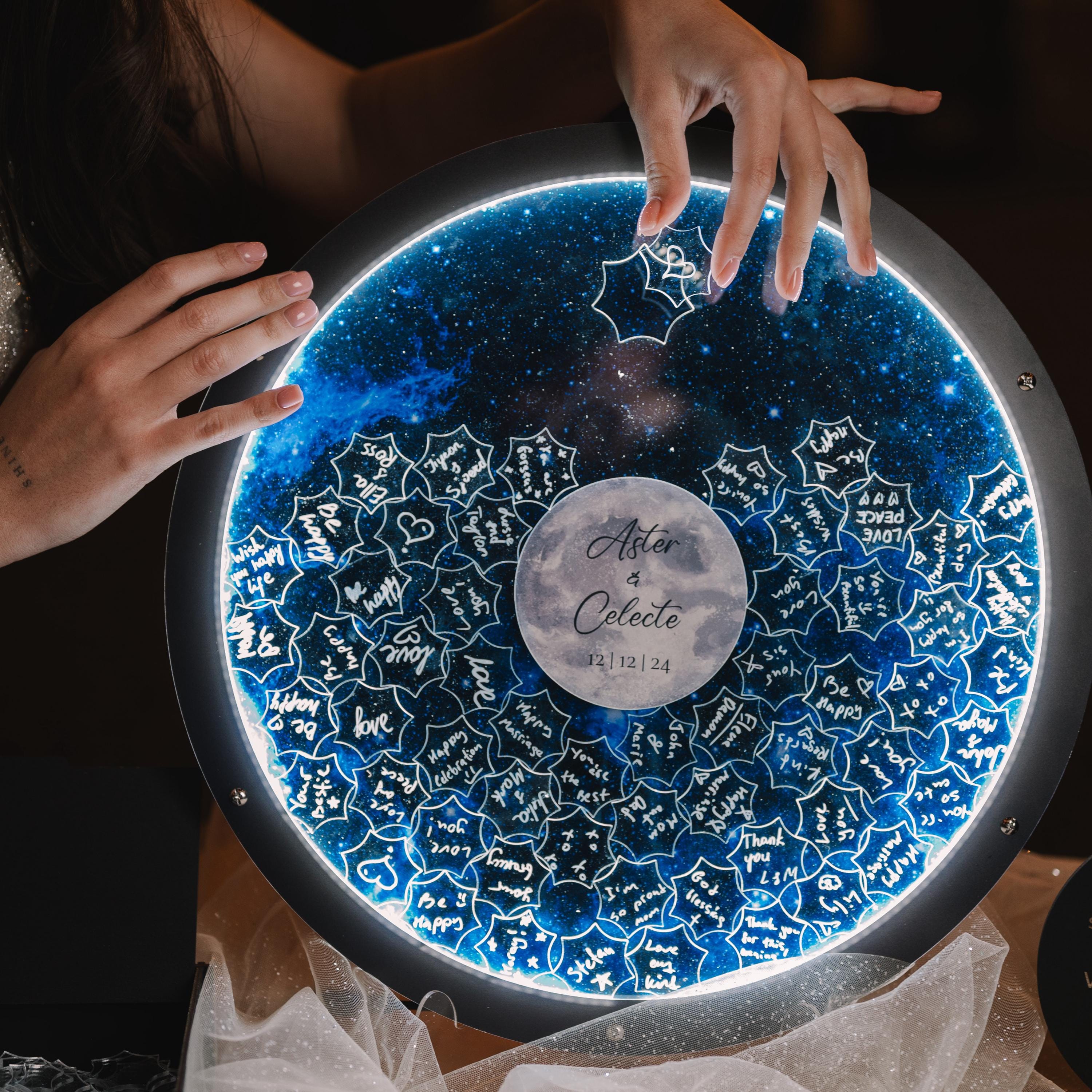 LEDライト付き天体ウェディングゲストブックの代替品：月と星の装飾 