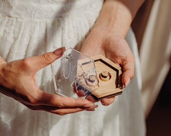 Boîte à alliances avec couvercle en verre, boîte à bagues hexagonale personnalisée, boîte à bagues acrylique personnalisée pour cérémonie de mariage, coussin pour porte-alliances