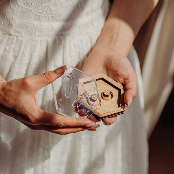 Boîte à alliances avec couvercle en verre, boîte à bagues hexagonale personnalisée, boîte à bagues acrylique personnalisée pour cérémonie de mariage, coussin pour porte-alliances