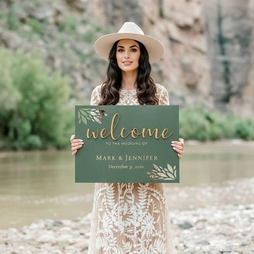 "Personalisiertes Hochzeit Willkommensschild: Modernes Dekor ""Green & Gold"" für Bridal Shower Party."