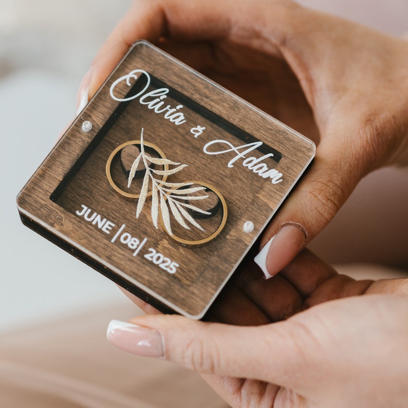 Boîte porte-alliances pour cérémonie de mariage, boîte à bagues de fiançailles personnalisée avec couvercle en verre, coussin pour porte-alliances, décoration de mariage rustique image 3