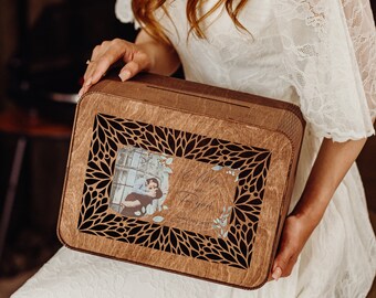 Caja de tarjetas de boda personalizada con foto: regalo de ceremonia en una granja o granero, recuerdo de aniversario de madera personalizado