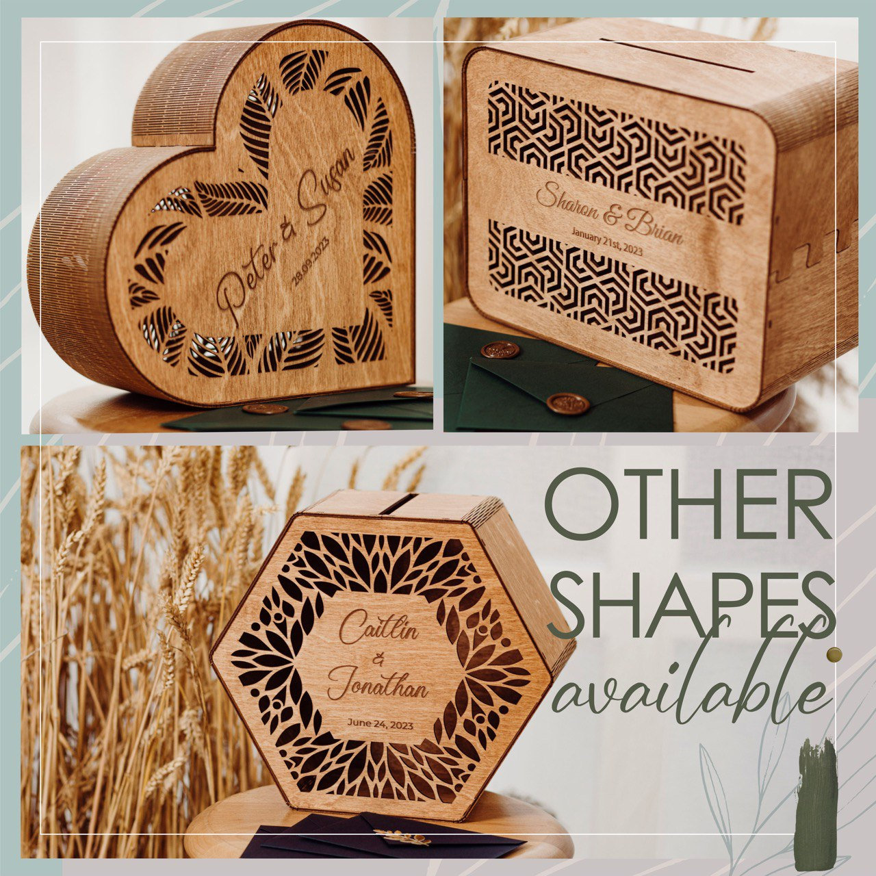 Personalized Hexagon Wedding Card Box: Engraved Wooden Advice Box