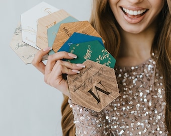 Wedding Favors for Guests in Bulk - Rustic Wedding Coaster Favors - Hexagon Coasters - Custom Favors for Wedding - Drink Coasters