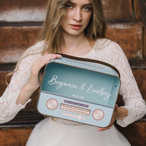Kartenbox für Hochzeit, Blaue Hochzeitsdeko, Vintage Look Radio Inspirierte Memory Box, personalisierte Hochzeitsdeko, 70er Jahre Disco Party Dekoration
