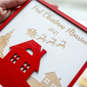 Carte de vœux de Noël, Décor rustique des Fêtes, Cadeaux de Noël, Ornement de Noël 2021, Cadeau personnalisé, Premier ornement de Noël marié