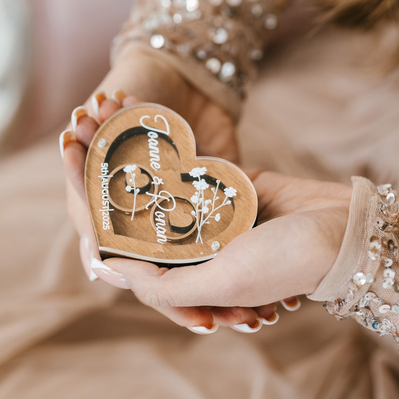 Boîte porte-alliances pour cérémonie de mariage, boîte à bagues de fiançailles personnalisée avec couvercle en verre, coussin pour porte-alliances, décoration de mariage rustique image 2