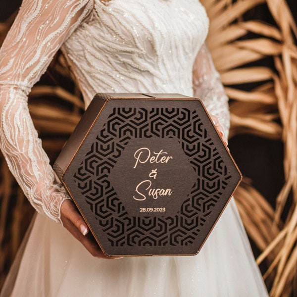 Caja de tarjetas y regalos para boda, Caja de tarjetas de madera para recepción de bodas, Decoración de boda rústica, Caja de tarjetas negra con ranura, Alcancía personalizada