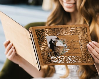 Wedding Guest Book with Portrait, Personalized Notebook with Wooden Cover, Baby Shower Guestbook, Custom Record Guest Book for Bridal Shower