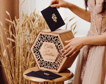 Boîte de mariage pour cartes, boîte de cartes de mariage hexagonale, boîte de cartes de conseils de mariage personnalisée, boîte de cartes-cadeau en bois personnalisée avec fente pour enveloppes