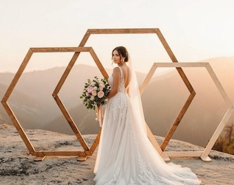 Hexagon Wedding Arch: Boho Wooden Arbor, Rustic Backdrop
