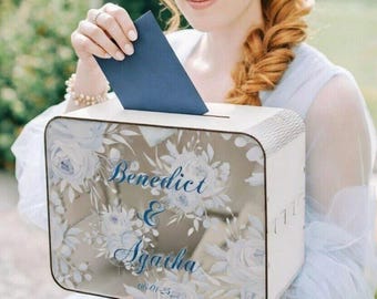 Personalized Floral Wedding Card Box, Vintage Roses Guest Book, Plywood Bridal Shower