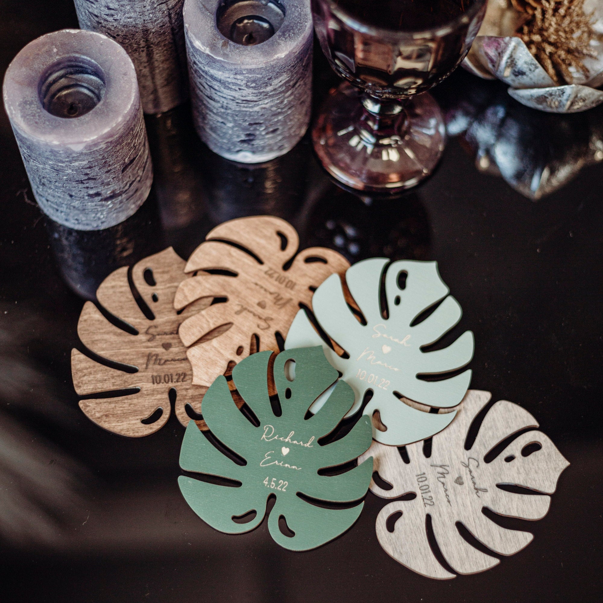 Engraved Monstera Wood Coasters