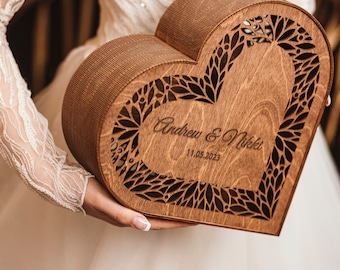 Wedding Card Box with Personalization, Wooden Heart Shaped Greeting Cards and Gifts Box, Quinceanera Card Box, Unique Rustic Wedding Gift