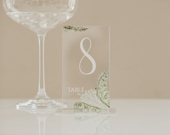 Wedding Table Number with Botanic Design, Acrylic Wedding Signs with Stand, Minimalist Glass Table Number Rectangular, Floral Table Number