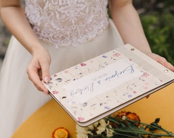 Libro de firmas para bodas con motivos florales: Cuaderno de madera personalizado
