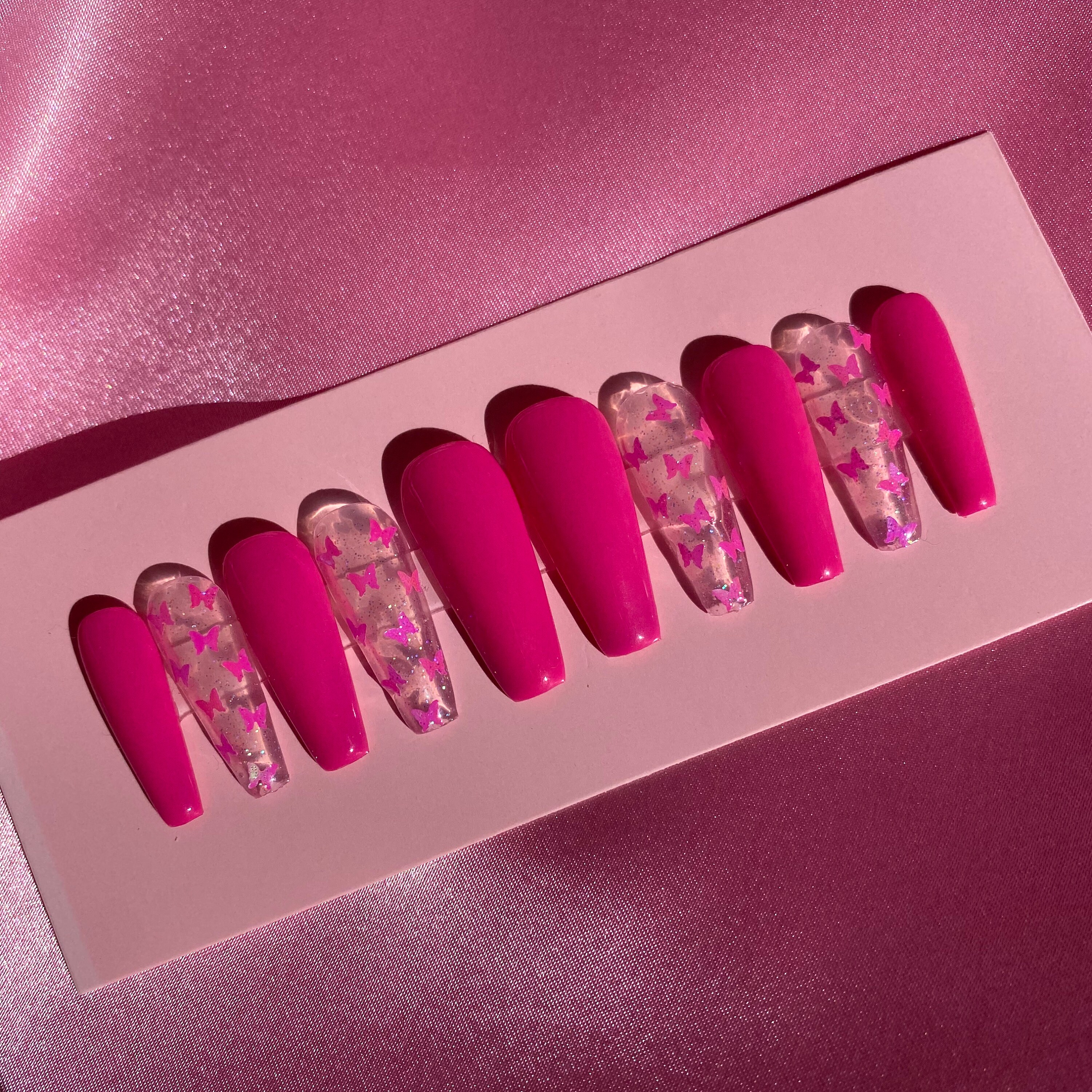Press On Nails Hot Pink Butterfly Sequins Etsy