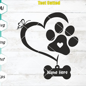 Hond naam tag Svg, hond Paw in hart Svg, hond liefde svg, hond Tag sjabloon Svg, huisdier kraag Tag Sticker sticker, Cricut, silhouet, Png, Eps, Ai