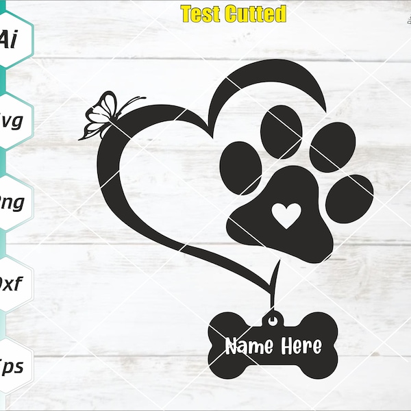 Dog Name Tag Svg, Dog Paw in Heart Svg, Dog Love svg, Dog Tag Template Svg, Pet Collar Tag Sticker Decal, Cricut, Silhouette, Png, Eps, Ai