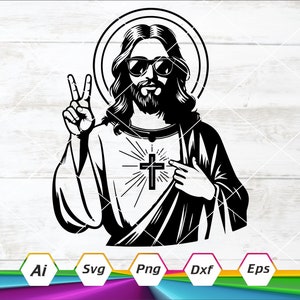 Jesús Svg, Signo de la paz Svg, Jesús con gafas de sol, Jesús genial, Jesús divertido, Hijo de Dios Svg, Archivo de corte Cricut de silueta, Svg, Dxf, Eps, Ai, Png
