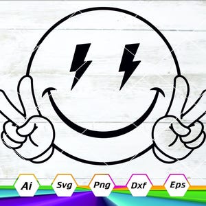Sonrisa cara svg, cara feliz svg, signo de paz svg, cara feliz clipart, cara feliz retro PNG, solo buenas vibraciones. Cortar archivo Cricut, cameo de silueta