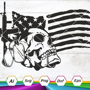 Bandera estadounidense Svg, Memorial Day Svg, 4 de julio Svg, Soldado caído Svg, Tributo a veteranos Svg, Placas de identificación, Calavera Svg, Eps, Png, Ai, Png