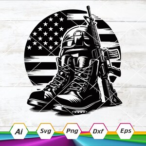 Homenaje al soldado caído Svg / Soldado veterano Svg / Botas militares Svg / Ejército de EE. UU. Svg / Etiqueta de perro Svg / Casco de pistola Bandera de EE.UU. / Png Dxf Ai Eps