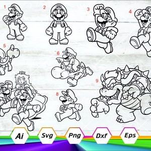 Mario svg, Luigi svg, Bowser svg, Prinzessin Peach svg, Yoshi svg, Schnittdatei svg, Mario Charaktere Clipart, digitaler Download, Dxf, Eps, Png
