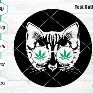 Katze mit Unkraut Sonnenbrillen svg, Cannabis Blätter, 420 Hemp Ganja Gemeinsamer Hash Pot Stoned THC, Cricut Schneidedatei, Ai, Eps, Dxf, Png,Svg