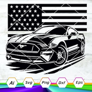 Mustang Svg, Mustang Usa vlag, Ford Mustang Svg, Mustang silhouet, American Muscle Car, auto Logo Svg, digitale download, Eps, Dxf, PNG, Ai