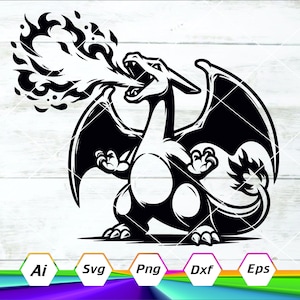 Charizard Svg, svg Cricut, Silhouette Svg, camée Svg, fichier coupé Svg, Charizard Png, Clipart Charizard, téléchargement numérique, Dxf, Eps, Ai, Png