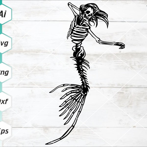 Mermaid Skeleton SVG, Gothic Mermaid SVG, Sea Monster Svg, Skull Mermaid png, Cricut cut file, Svg, Dxf, Eps, Ai