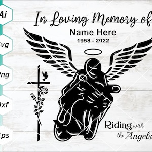 En memoria amorosa, Memorial del motociclista, Motociclista caído, Montando con los ángeles, Tributo del motociclista, Saludo del motociclista, En memoria de, Png, Svg, Dxf, Ai