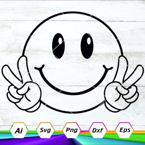 Sonrisa cara svg, cara feliz svg, signo de paz svg, cara feliz clipart, cara feliz retro PNG, solo buenas vibraciones. Cortar archivo Cricut, cameo de silueta
