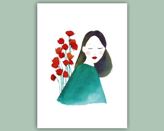 Femme aux Coquelicots, fleurs, illustration poétique et colorée, décoration d'intérieur, idée cadeau, féminité, romantique, fête des mères