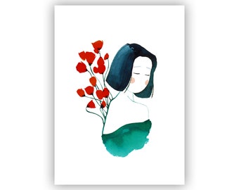 Vrouw met klaprozen, bloemen, poëtische en kleurrijke illustratie, interieurdecoratie, cadeau-idee, vrouwelijkheid, romantisch, Moederdag