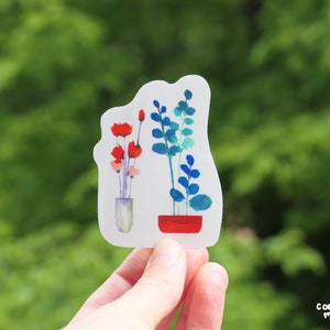 Sticker vinyle mat, autocollant, vases, plantes, coquelicots, poétique, idée cadeau, fête des mères, scrapbooking, décoration, art