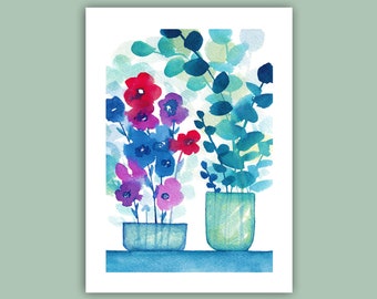 Vase, fleurs, anémone, illustration poétique et colorée, décoration d'intérieur, idée cadeau, romantique, fête des mères, peinture