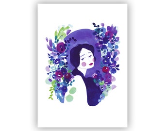 Vrouw met anemonen, bloemen, poëtische en kleurrijke illustratie, interieurdecoratie, cadeau-idee, vrouwelijkheid, romantisch, Moederdag