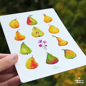 Poires, illustration fleurie, poétique et colorée, décoration, fruits