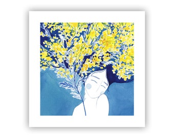 Femme aux Mimosas, fleurs, illustration poétique et colorée, décoration d'intérieur, idée cadeau, féminité, romantique, fête des mères
